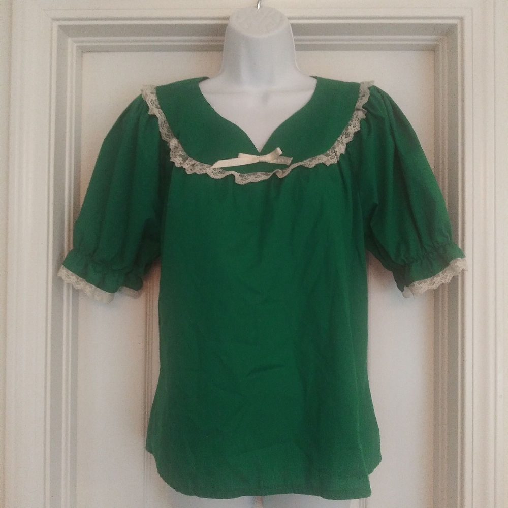 Mondiki Teal Peasant Top Lace Trim Bow Shirt